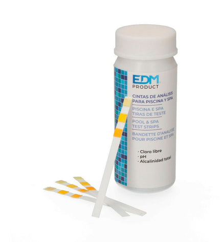 EDM Product PH-meter EDM 81011 for pools and jacuzzis, showing digital display and testing probe in use.