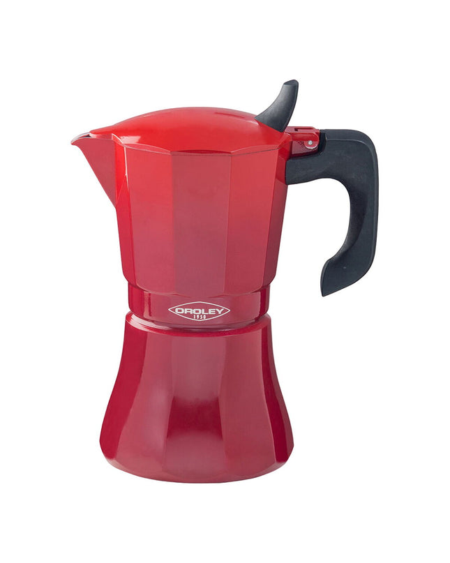 Oroley Petra rood aluminium Italiaanse koffiepot with 9 kopjes, ideal for brewing traditional espresso at home.