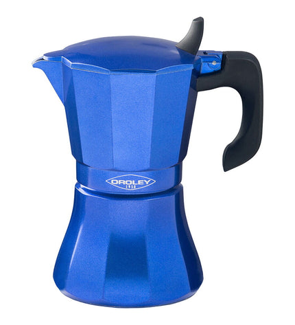 Oroley Petra blauwe Italiaanse koffiemok en aluminium koffiepot met negen kopjes voor huis en koken, koffie en thee.