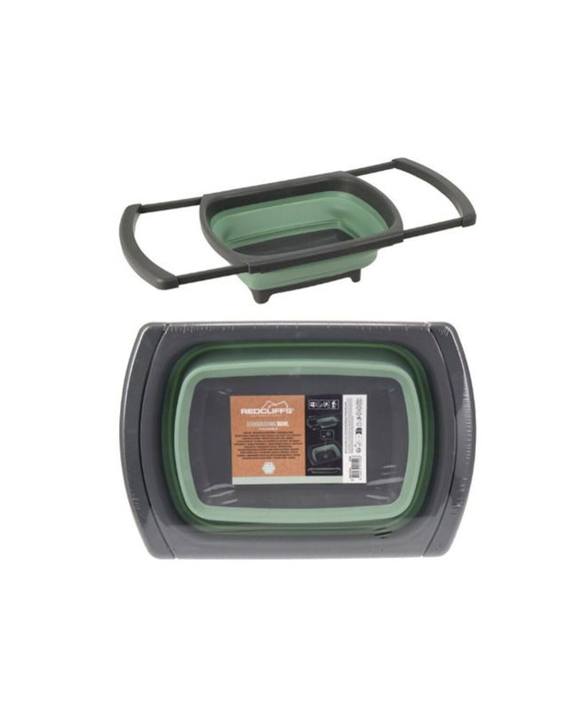 Redcliffs foldable camping sink set up outdoors, showing red portable sink for camping and outdoor activities.