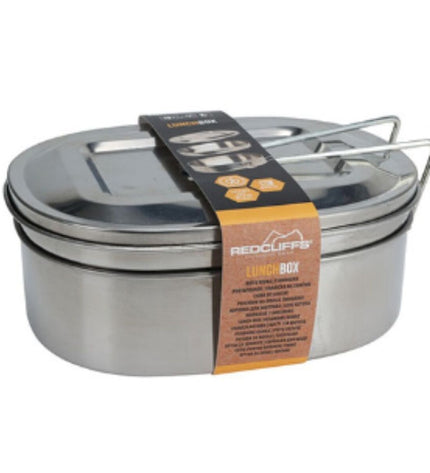 Redcliffs stainless steel lunchbox, 1.2L, ideal for outdoor and camping activities, with a sleek red finish and secure lid.