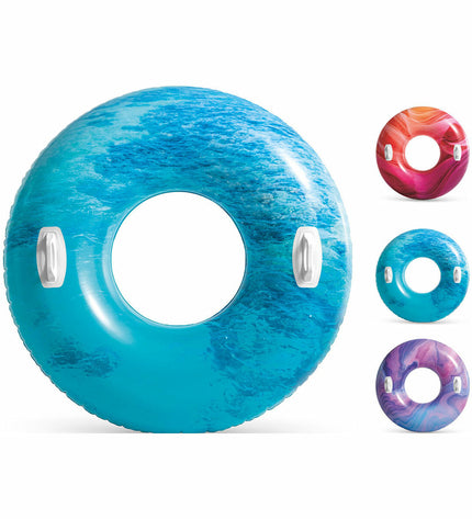 Colorful Intex inflatable pool toy with handgrips, 91 cm diameter, designed for outdoor swimming and water play.