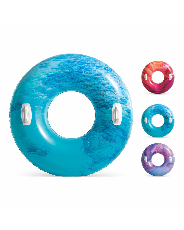 Colorful Intex inflatable pool toy with handgrips, 91 cm diameter, designed for outdoor swimming and water play.