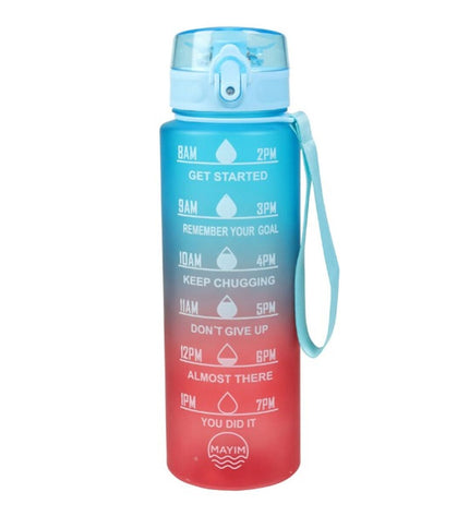 EDM 1L blue and red vintage-style water bottle for sports, outdoor activities, camping, and hiking.