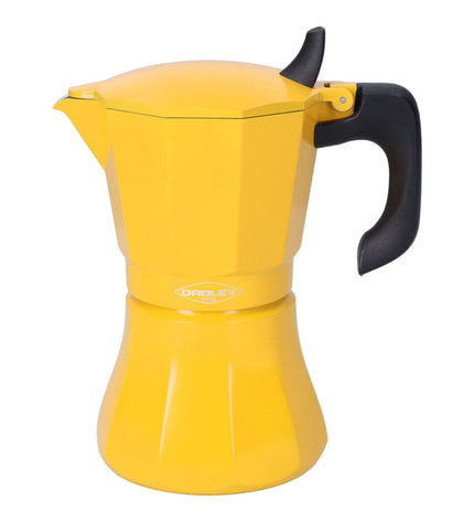 Oroley Petra Mosterd aluminium Italian coffee pot with six cups, suitable for brewing traditional Italian coffee.