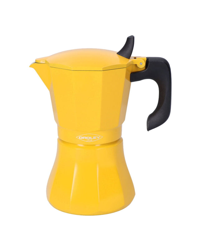 Oroley Petra Mosterd aluminium Italian coffee pot with nine cups, ideal for traditional espresso brewing in the kitchen