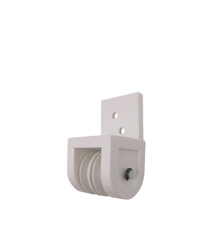 Micel nylon pergola pulley, front view, white outdoor garden decor, 4.3 x 4.2 x 7.8 cm, for outdoor pergola decoration