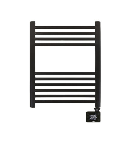 Electric wall towel rack EDM 07164 400 W, black, 50x70x5.3 cm, mounted in a bathroom with towels hanging.