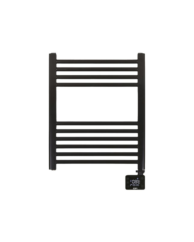 Electric wall towel rack EDM 07164 400 W, black, 50x70x5.3 cm, mounted in a bathroom with towels hanging.