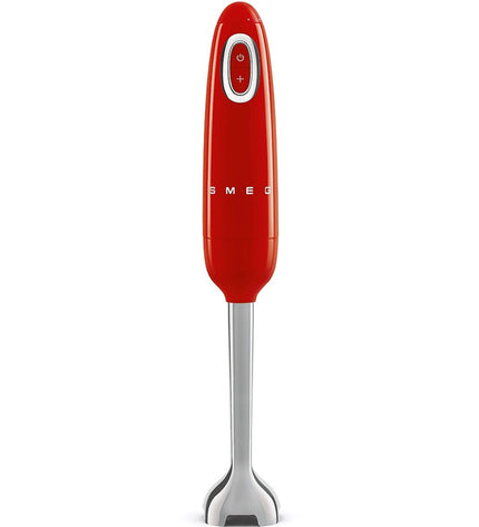 Smeg HBF11RDEU red 700W hand blender with control buttons, used for cooking and blending in the kitchen.