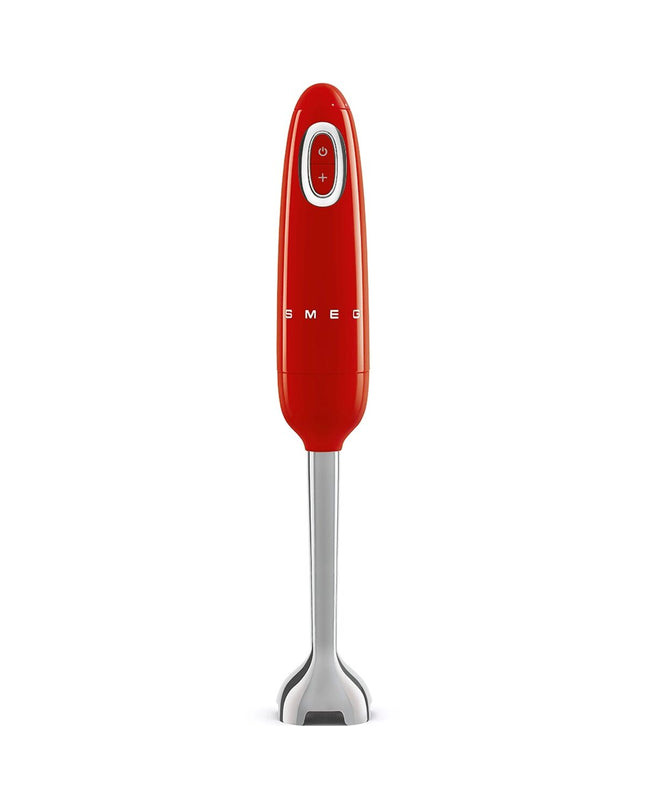 Smeg HBF11RDEU red 700W hand blender with control buttons, used for cooking and blending in the kitchen.