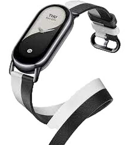 Xiaomi Band 8 wrap-style smartwatch strap in black and white, designed for sport and outdoor use, with a sleek, adjustable fit
