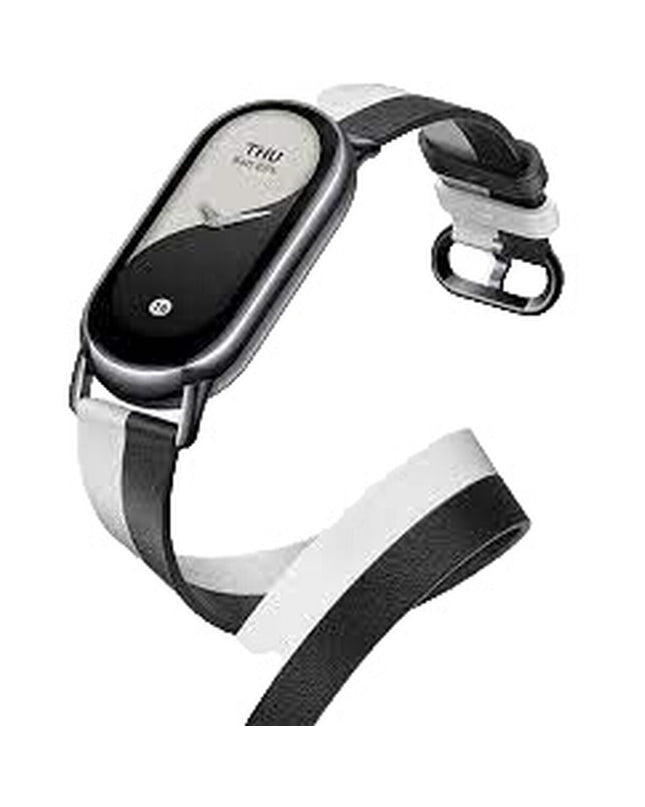 Xiaomi Band 8 wrap-style smartwatch strap in black and white, designed for sport and outdoor use, with a sleek, adjustable fit