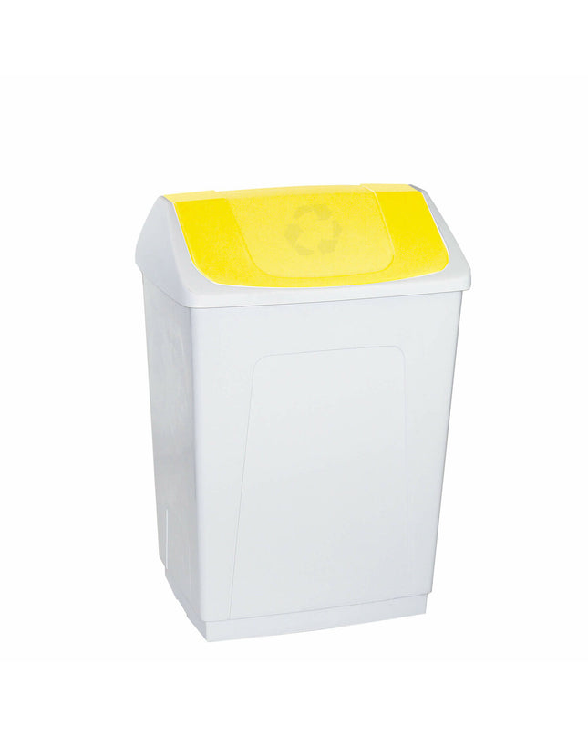 Denox afvalemmer in wit en geel, 55L, for household use, with a sturdy rectangular design for kitchen or storage organization.