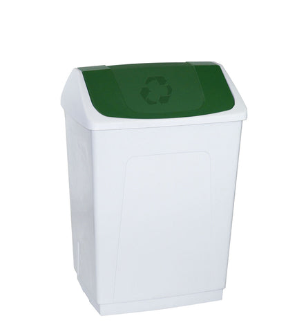 Denox 55L white and green trash bin for household waste storage, made of durable plastic with lid and foot pedal.