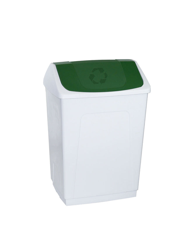 Denox 55L white and green trash bin for household waste storage, made of durable plastic with lid and foot pedal.