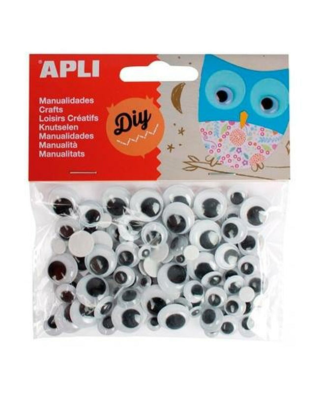 Apli Ogen zwart sticker set with five pieces, suitable for creative activities and toy projects, featuring bold black eye designs.