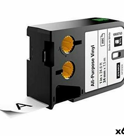 Dymo thermisch transferlint wit en zwart, 24x7.5 mm, 6 stuks, geschikt voor kantoorartikelen en elektronische labelmakers.