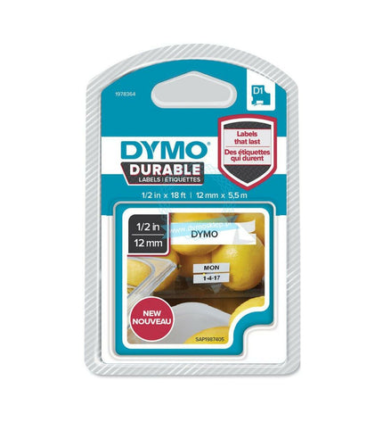 Dymo thermal transfer ribbon in white and black, 12 x 5.5 mm, for office label printers, shown in packaging with six rolls.