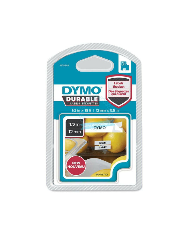 Dymo thermal transfer ribbon in white and black, 12 x 5.5 mm, for office label printers, shown in packaging with six rolls.