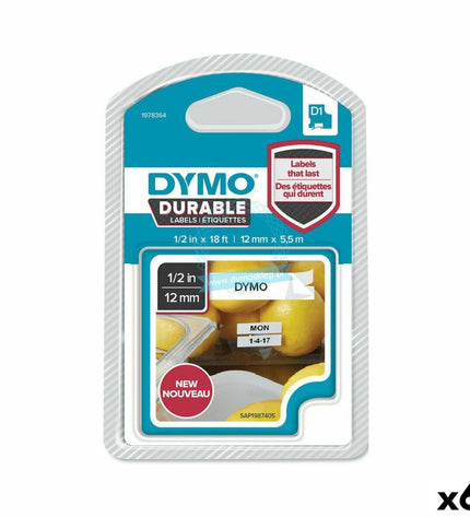 Dymo thermisch transferlint in wit en zwart, 12 x 5.5 mm, 6 stuks, geschikt voor kantoorartikelen en elektronische labelmakers.