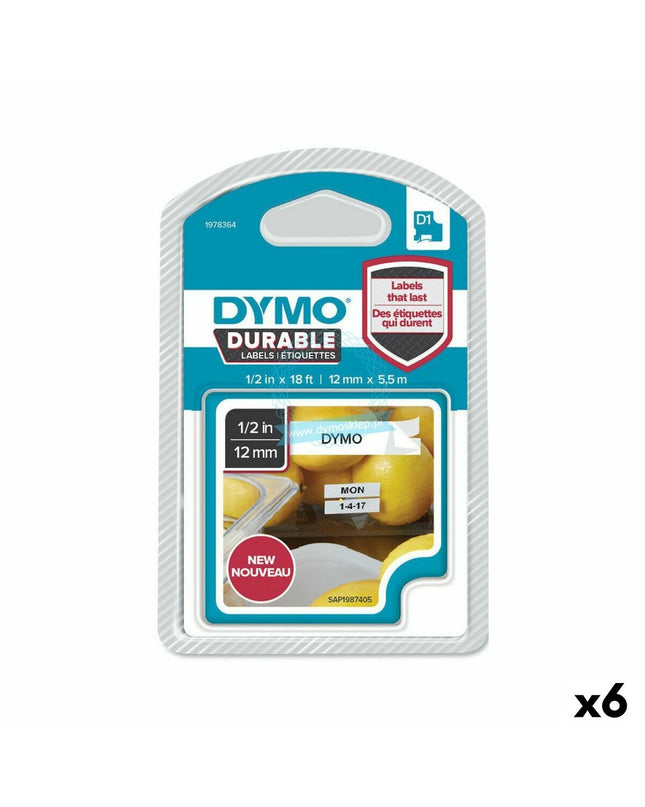 Dymo thermisch transferlint in wit en zwart, 12 x 5.5 mm, 6 stuks, geschikt voor kantoorartikelen en elektronische labelmakers.