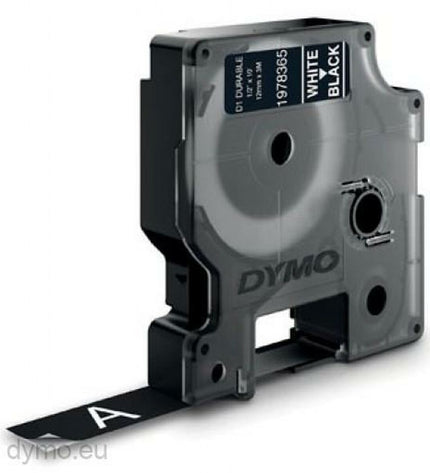 Dymo D1 Durable thermal transfer ribbon in white and black, 12mm x 3m, set of six rolls for office label printers.