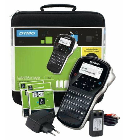 Dymo LabelManager 280 label printer with six units, suitable for office supplies and electronic office labeling.