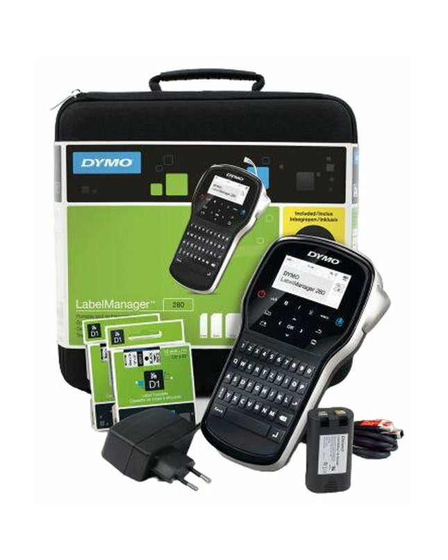 Dymo LabelManager 280 label printer with six units, suitable for office supplies and electronic office labeling.