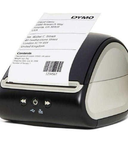 Two Dymo Labelwriter 5XL electric label makers for office use, featuring digital displays and label tapes for professional labeling.
