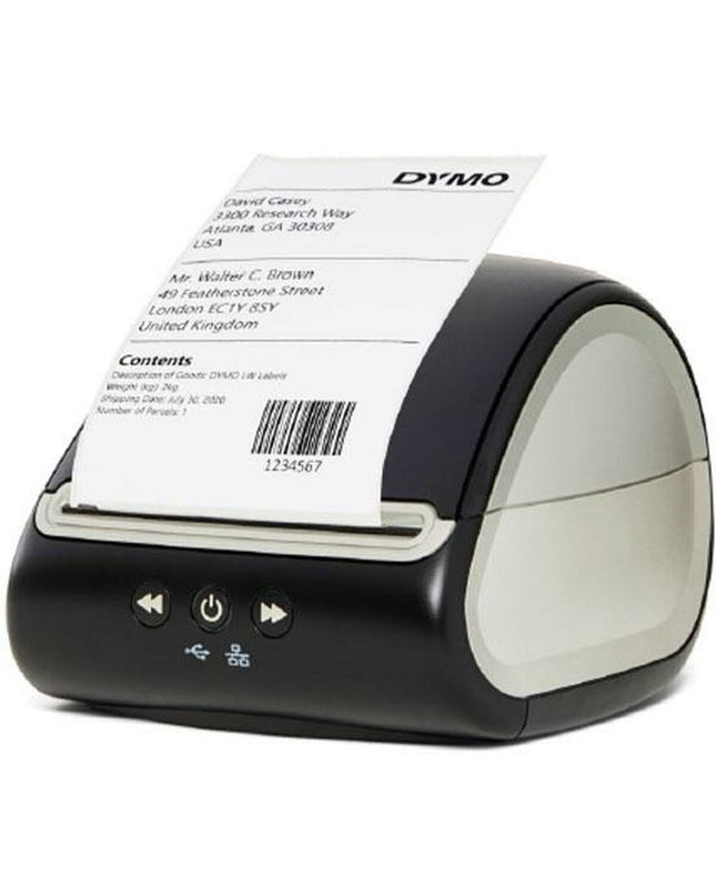 Two Dymo Labelwriter 5XL electric label makers for office use, featuring digital displays and label tapes for professional labeling.