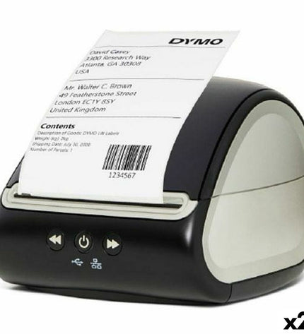 Two Dymo Labelwriter 5XL electric labelmakers for office use, showing front view with control buttons and label output.