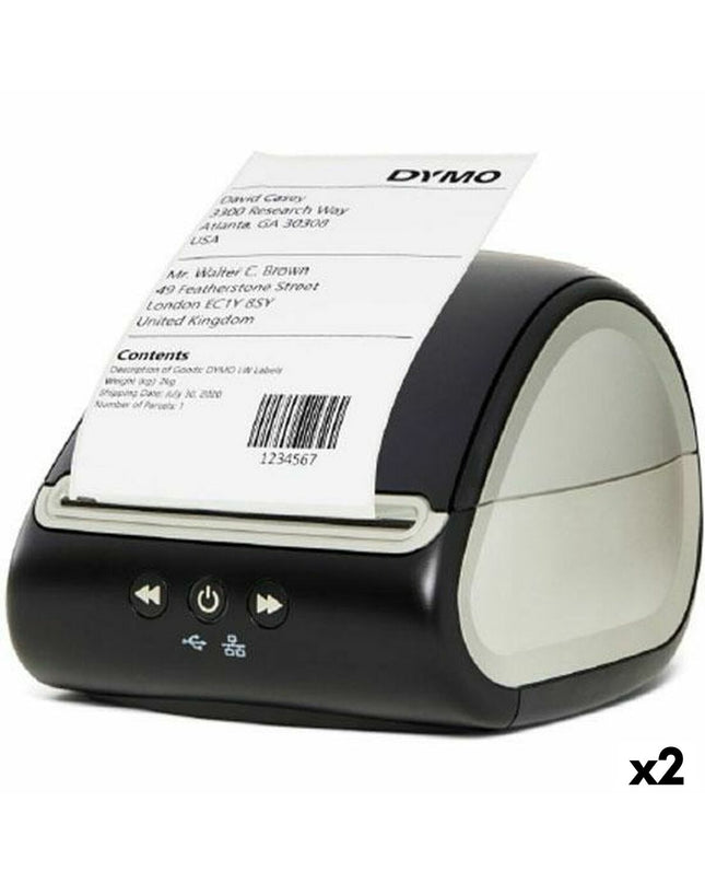 Two Dymo Labelwriter 5XL electric labelmakers for office use, showing front view with control buttons and label output.