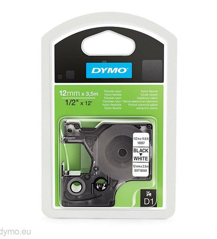 Dymo thermal transfer ribbon in white and black, 12 x 3.5 mm, shown in a pack of five for office label printers.