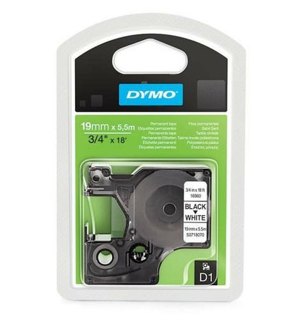 Dymo D1 thermal transfer ribbon in white and black, 19mm x 5.5m, 5-pack, ideal for office labeling and electronic applications.