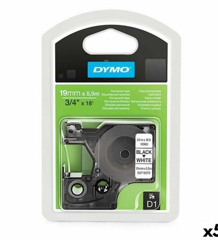 Dymo D1 thermal transfer label tape in white and black, 19mm x 5.5m, pack of 5 for office labeling and electronic use.