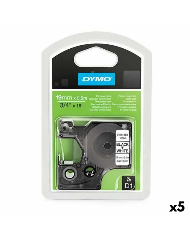 Dymo D1 thermal transfer label tape in white and black, 19mm x 5.5m, pack of 5 for office labeling and electronic use.