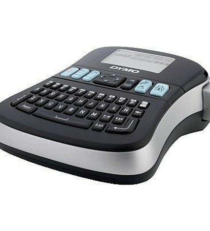 Six black Dymo LabelManager MD210D electric label makers for office and stationery, featuring compact design and digital display.