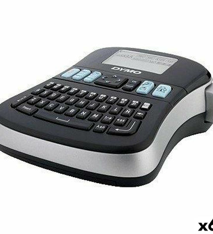 Six Dymo Labelmanager MD210D black electric labelmakers with keyboards, used for office labeling and organization.