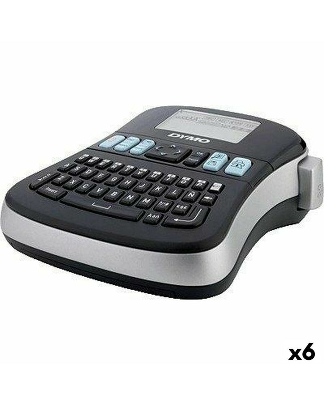 Six Dymo Labelmanager MD210D black electric labelmakers with keyboards, used for office labeling and organization.