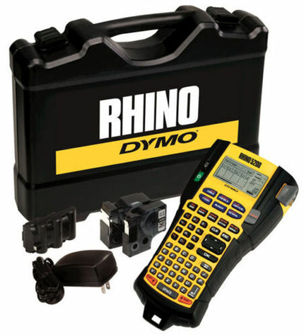Three Dymo Rhino 5200 portable electric label makers in a briefcase, used for office labeling and organization.