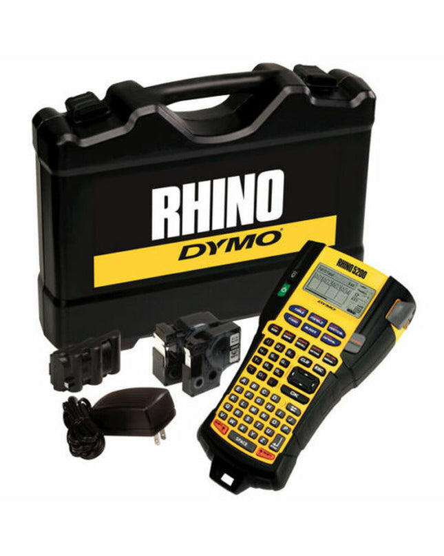 Three Dymo Rhino 5200 portable electric label makers in a briefcase, used for office labeling and organization.