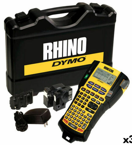 Three Dymo Rhino 5200 portable electric label makers with briefcases, office electronics and stationery for professional labeling.