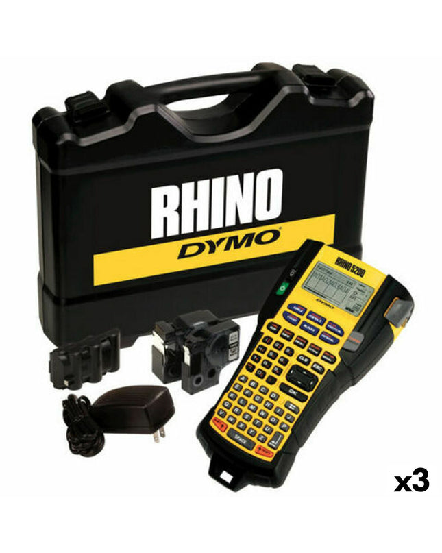 Three Dymo Rhino 5200 portable electric label makers with briefcases, office electronics and stationery for professional labeling.
