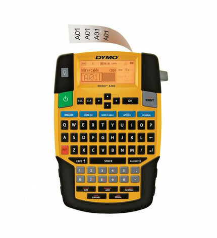 Four Dymo 4200 portable electric labelmakers for office use, featuring compact design and electronic labeling functionality.