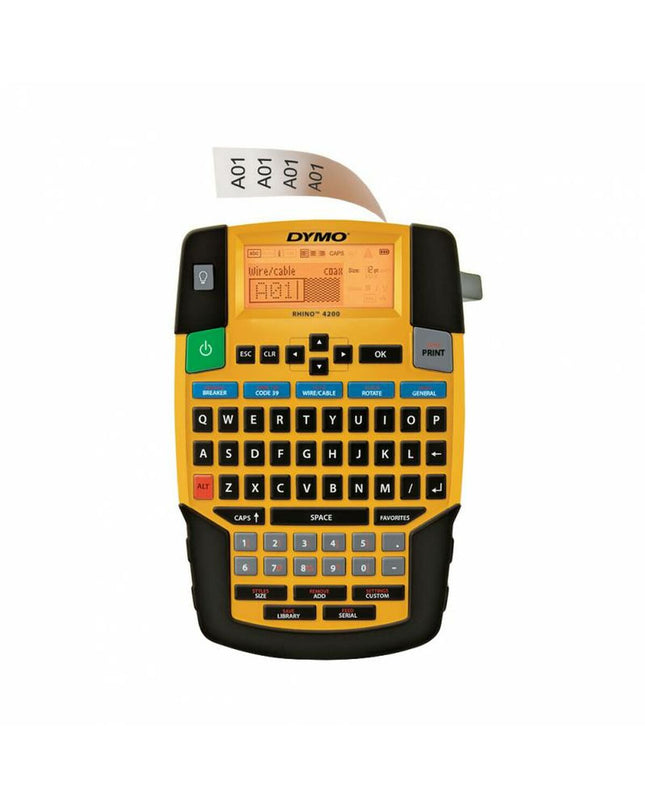 Four Dymo 4200 portable electric labelmakers for office use, featuring compact design and electronic labeling functionality.