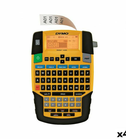 Four Dymo 4200 portable electric labelmakers with keyboards and displays, ideal for office organization and labeling tasks.
