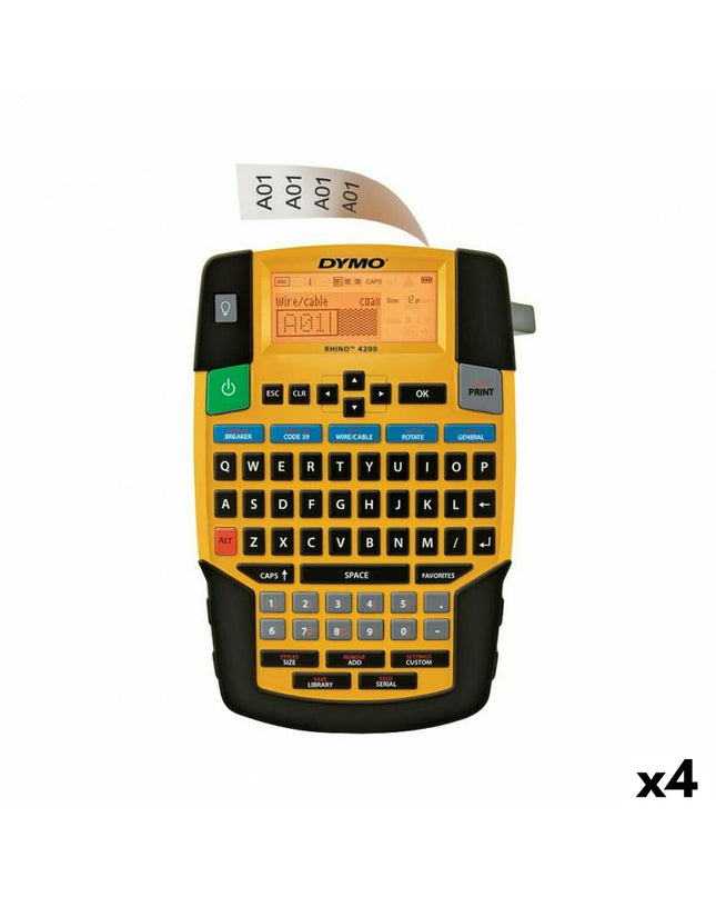 Four Dymo 4200 portable electric labelmakers with keyboards and displays, ideal for office organization and labeling tasks.