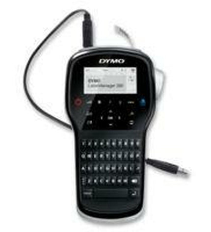 Six Dymo Labelmanager LM280 electric labelmakers with black QWERTY keyboards, 1.2 mm labels, designed for office labeling tasks.
