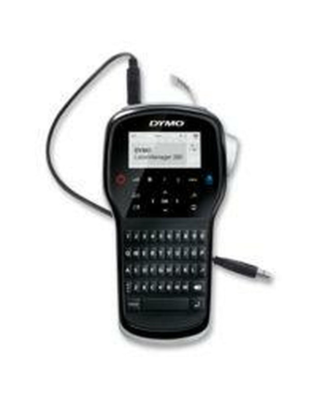 Six Dymo Labelmanager LM280 electric labelmakers with black QWERTY keyboards, 1.2 mm labels, designed for office labeling tasks.